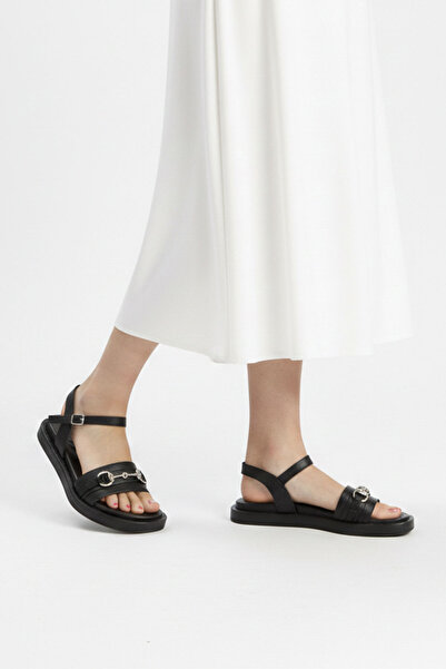 Deriderim Soft Leather Black Women's Sandals with Metal Buckle - Ankle Strap