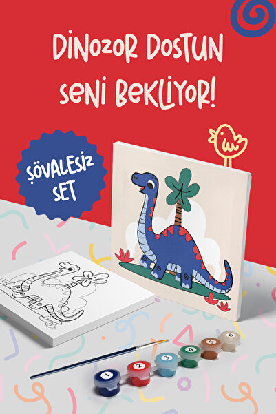 Mind & Play Dinozor Temalı Çocuk Tuval Boyama Seti | Tuval + 6 Renk Akrilik B...