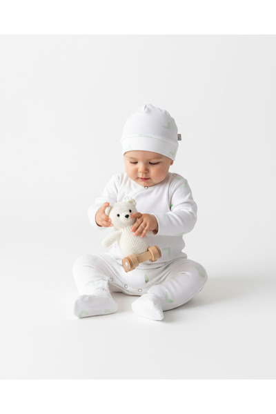 Boumini Bebek Patikli Tulum Şapka Set Beyaz Desenli