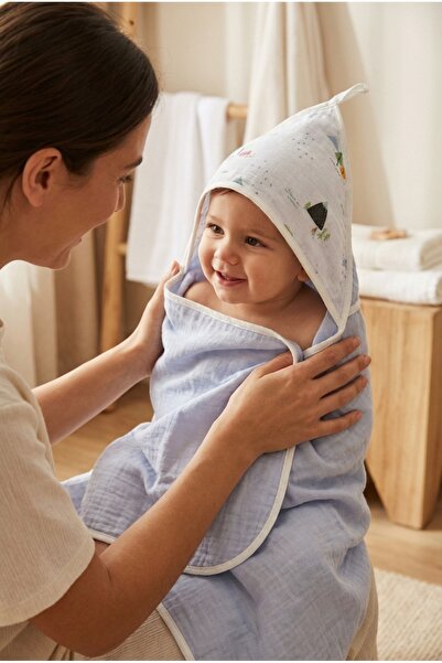 YUNUSOĞLU HOME روب استحمام للأطفال متعدد الأغراض من الموسلين باللون الأزرق 4 ...