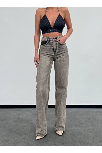 HerTon Yüksek Bel Gri Yıkamalı Straight Fit Denim Pantolon