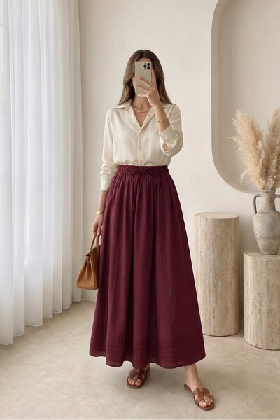 Modamorfo Beli Lastikli Bağcıklı Cepli Dikiş Detaylı Etek -Bordo
