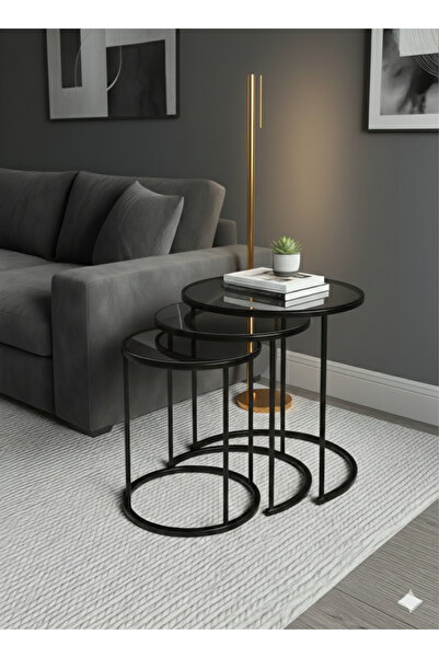 usta mekan Usta Siyah Metal Gümüş (DÜZ) Aynalı 3lü Zigon Sehpa