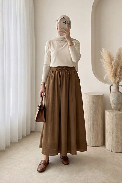 Modamorfo Fusta cu talie elastică, cu buzunare și cusături decorative - Maro