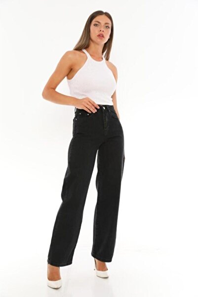 DRC trend ليكرا سوداء - بنطال جينز بالازو فضفاض عالي الخصر (ساق واسعة)