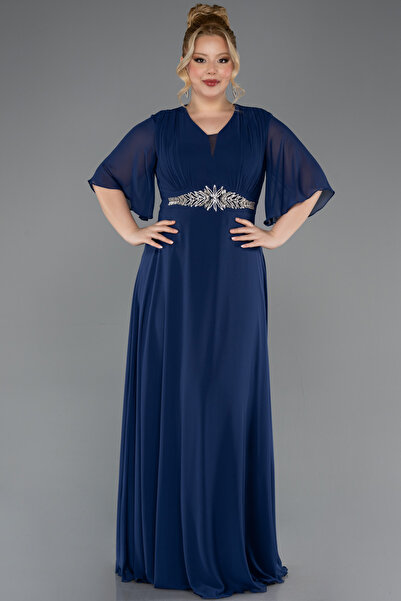 Abiyefon Lacivert Kısa Kol V Yaka Beli Taşlı Uzun Şifon Büyük Beden Abiye ABU...