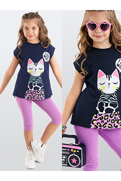 MSHB&G طقم تي شيرت وبنطلون صيفي أرجواني للفتيات - مع قطة