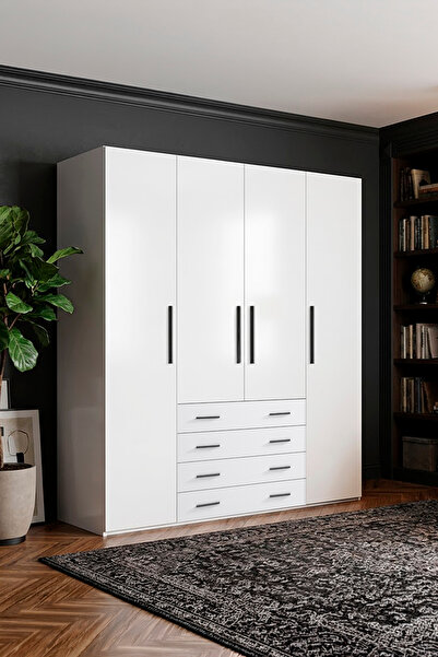 benim odam Diva 4 Kapaklı Beyaz Dolap 8 Raflı Çekmeceli Geniş Gardırop Elbise...