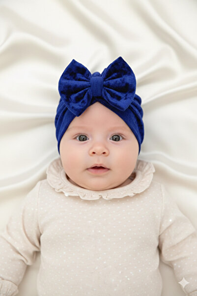 PETEK AKSESUAR Boneta pentru bebelusi cu fundita din catifea Bleumarin