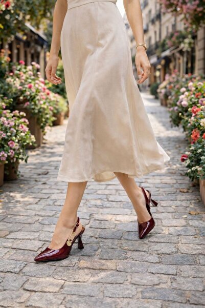 Pretty Girl Burgundy Patent Leather Pointed Toe Button Buckle Thin Heel Shoes...