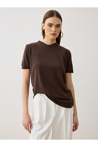 Refka Soft Knitted Short Sleeve Sweater - Brown -