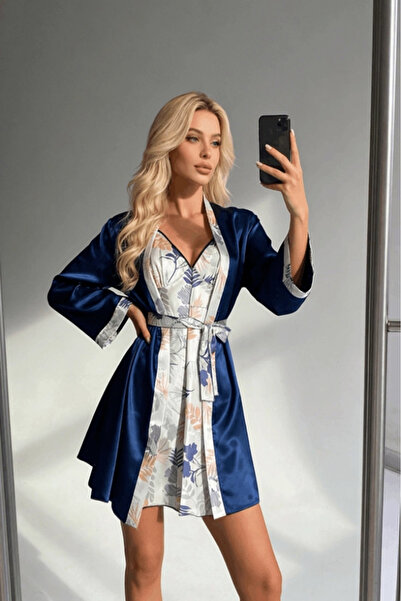 Gece İncisi Set peignoir din satin cu modele florale