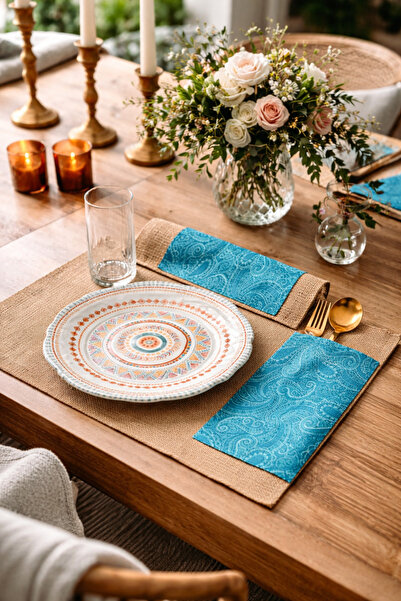 Arma House 4'lü Mavi Etnik El Yapımı Kaşıklık Detaylı Jüt Amerikan Servisi