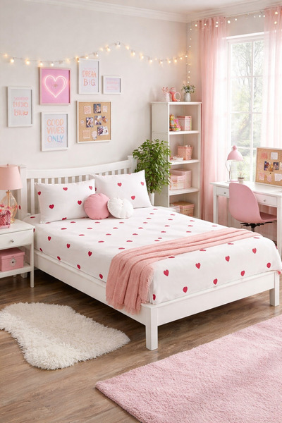 DİLEX White Red Heart Elastic Sheet Set Single Size