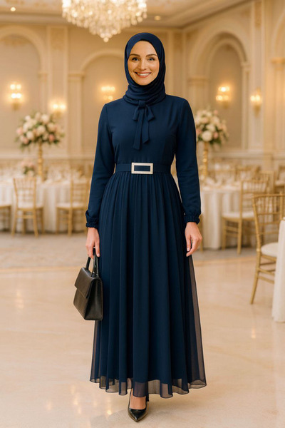 Mercan BANU ABİYE ELBİSE İthal Piliseli Şifon Kumaş Abiye Elbise Tesettür Lac...