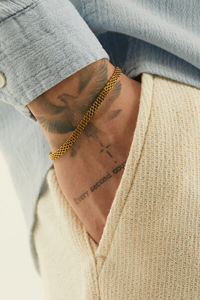 Fjellor Loramir Altın Renk Erkek Paslanmaz Çelik Hasır Örgü Model Zincir Bile...