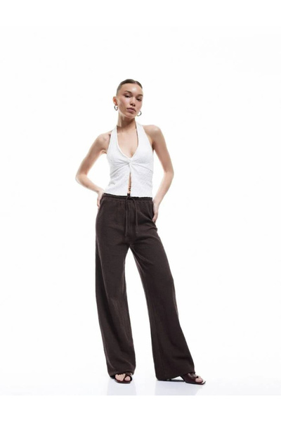 Koton Cotton Wrinkle Comfortable Fit High Waist Lace-Up Wide Leg Pants
