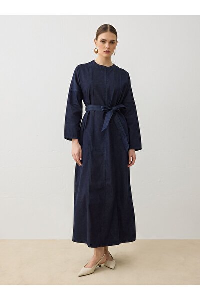 Refka Denim Stitching Detailed Hijab Dress - Light Navy Blue -