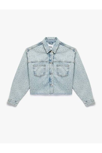 Koton Cep Detaylı Düğmeli Klasik Yaka Taşlı Denim Açık İndigo Kadın Ceket 6Wa...