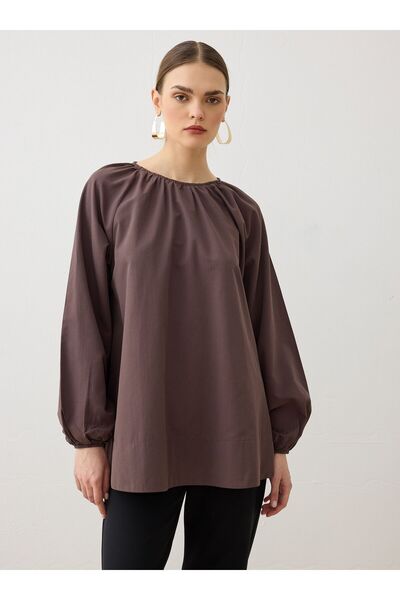 Refka Poplin Kumaş Büzgü Detaylı Kuşaklı Bluz / Gömlek - Koyu Kahverengi -