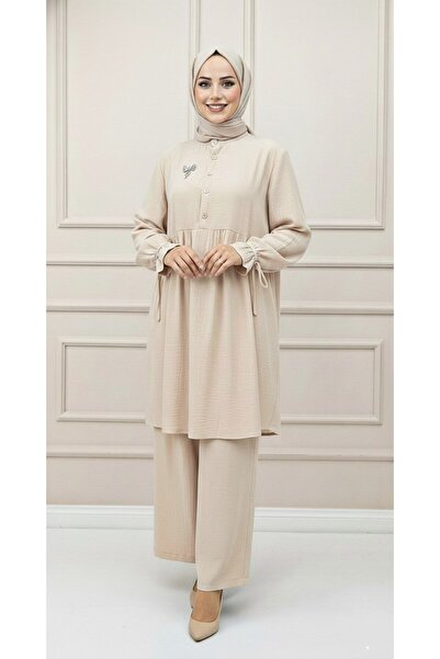 Mercan LİLYUM TAKIM Çilek Kumaş Mevsimlik Rahat Tesettür Alt Üst İkili Takım Taş