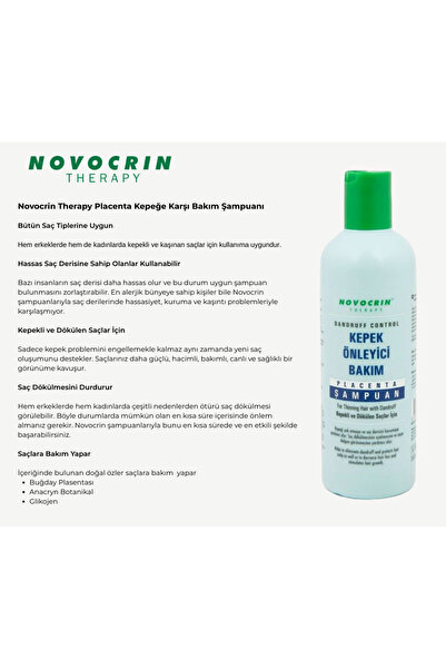 Novocrin Placenta Kepekli Ve Dökülen Saçlar Için Şampuan 300 Ml 2 Adet Kepekli Ve Dökülen