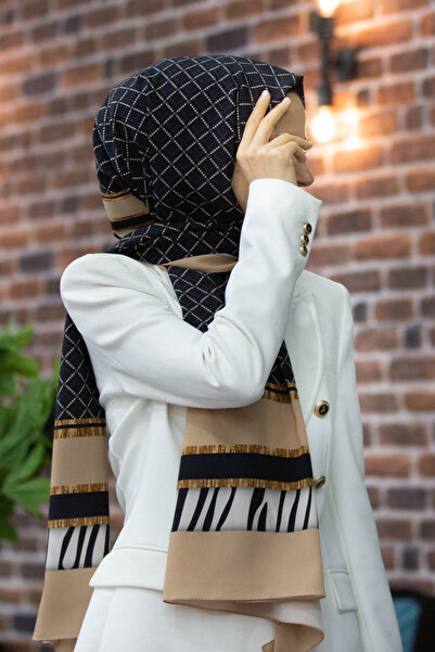 Vissona LÜKS MEDİNE ZEBRALI BAKLAVA DESENLİ BEJ RENKLİ 75X195 KIRIŞMAZ ŞAL MO...