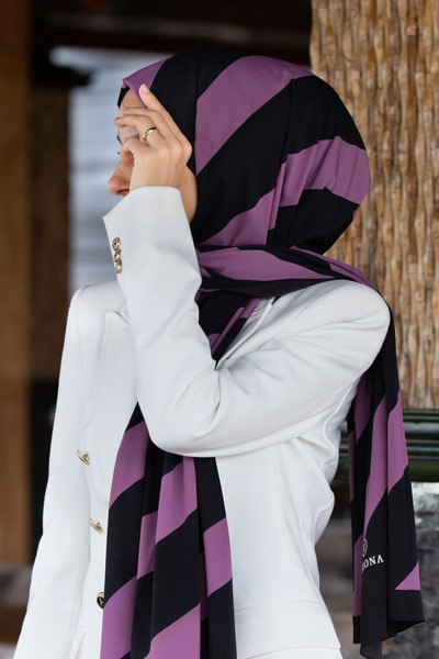 Vissona LÜKS MEDİNE İPEĞİ ÇİZGİLİ DESENLİ SİYAH - GÜL KURUSU RENKLİ 75X195 KI...