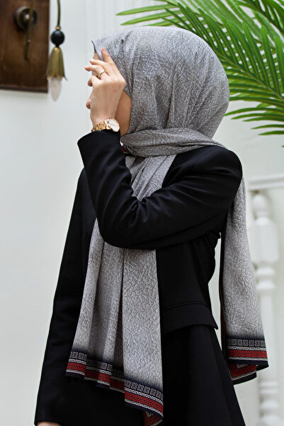 Vissona LÜKS MEDİNE İPEĞİ DESENLİ GÜMÜŞ RENKLİ 75X195 KIRIŞMAZ ŞAL MOSS KREP ...