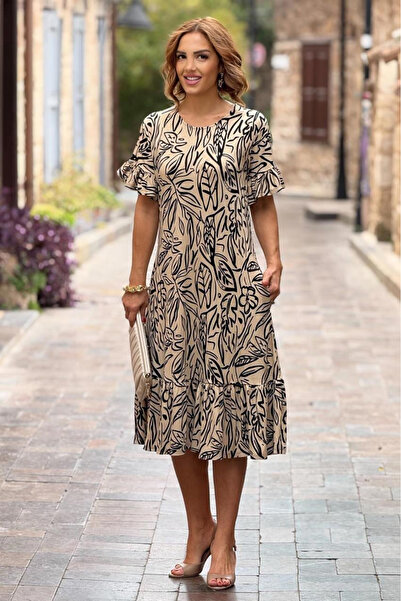 Nevin Kaya Moda Καλοκαιρινό χτενισμένο βαμβακερό φόρεμα με βολάν με μοτίβο κρ...