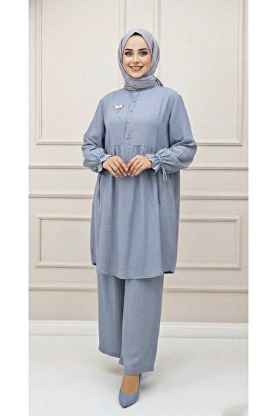 Mercan LİLYUM TAKIM Çilek Kumaş Mevsimlik Rahat Tesettür Alt Üst İkili Takım Gri