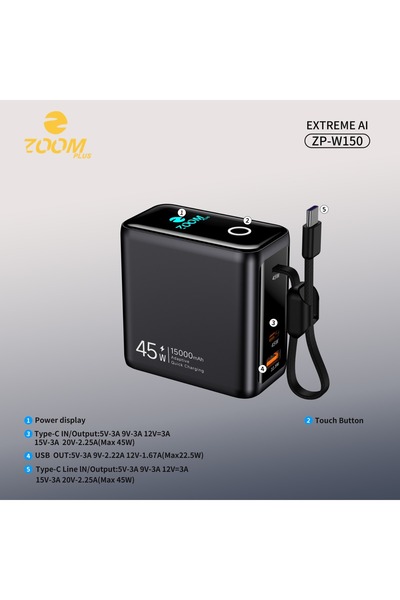 Zoom Plus بنك الطاقة ZP-W150 Extreme AI بسعة 15000 مللي أمبير | شحن فائق السر...