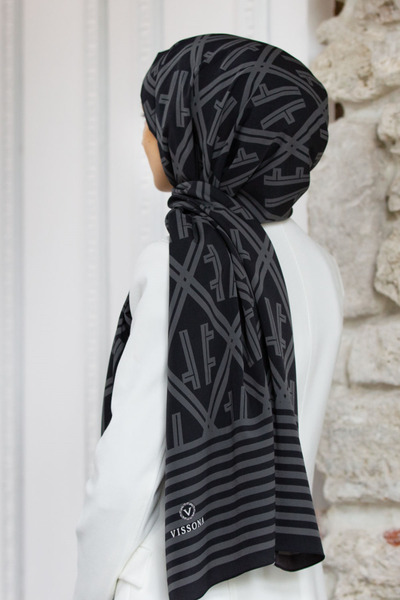 Vissona LÜKS MEDİNE MONOGRAM DESENLİ SİYAH - GRİ RENKLİ 75X195 KIRIŞMAZ ŞAL M...