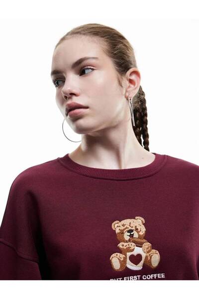 Koton Üç İplik Şardonlu Bisiklet Yaka Ayıcık Nakışlı Oversize Sweatshirt