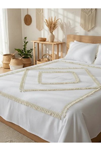 NDC HOME طقم غطاء لحاف فردي من الكتان والقطن الأبيض مع بوم بوم (مع وسائد احتي...