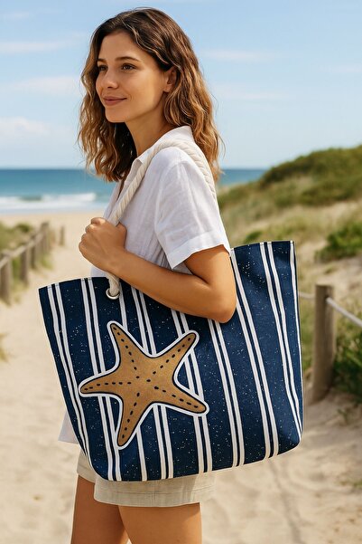 Ecrou Blue White Striped Beach Bag