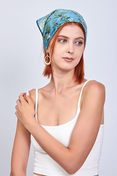 Nomads Felt Turkuaz Fular Bandana 55x55 cm | Van Gogh Badem Ağacı