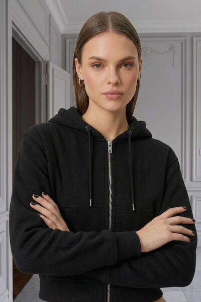 HAKKE Üç İplik Fermuarlı Kapüşonlu Kısa SWEAT