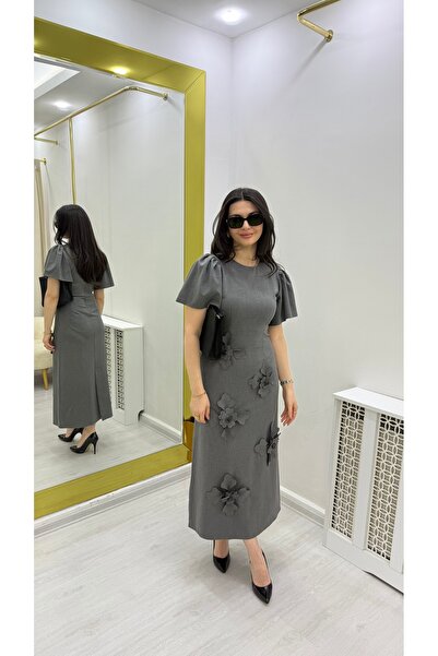 Butik Gri 3d çiçek işlemeli balon kol uzun elbise
