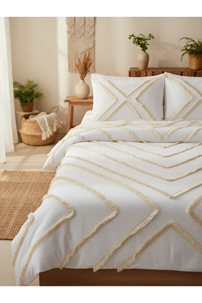 NDC HOME طقم غطاء لحاف مزدوج من القطن والكتان الأبيض بشراشيب متعددة (مع وسادت...