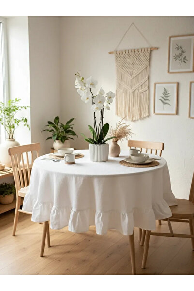 NDC HOME Premium Beyaz Keten Fırfırlı Yuvarlak Masa Örtüsü