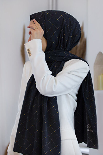 Vissona LÜKS MEDİNE İPEĞİ V DESENLİ SİYAH RENKLİ 75X195 KIRIŞMAZ ŞAL MOSS KRE...