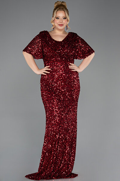 Abiyefon Bordo Kısa Kol Degaje Yaka Uzun Pullu Büyük Beden Abiye ABU4926