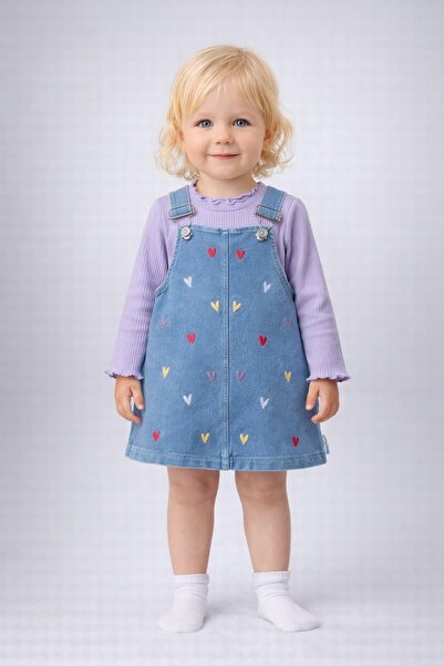 dinamik çocuk Kız Bebek Badili Küçük Kalp Nakışlı Salopet Jile 2li Takım Bayr...