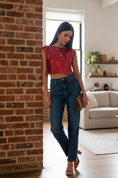Trend aksesuar Geniş Kesim Zırh Kumaş Crop Bluz