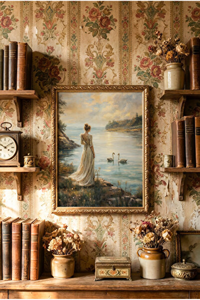 epiqart Kadın ve Kuğular - Vintage Desenli Çerçeve