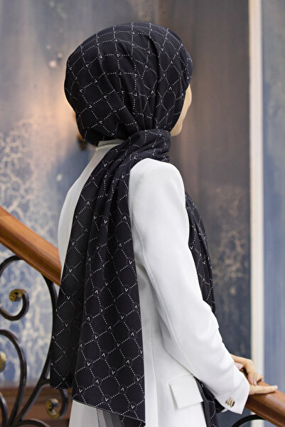 Vissona LÜKS MEDİNE İPEĞİ MONOGRAM DESENLİ SİYAH RENKLİ 75X195 KIRIŞMAZ ŞAL M...