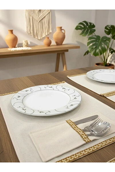 NDC HOME طقم مفارش أطباق منسوجة باللون الأصفر الكتاني مكون من 6 قطع مع حامل م...