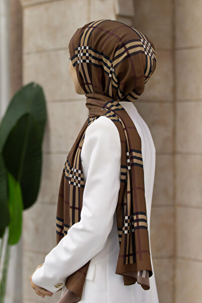 Vissona LÜKS MEDİNE İPEĞİ EKOSE DESENLİ BEJ - VİZON RENKLİ 75X195 KIRIŞMAZ ŞA...