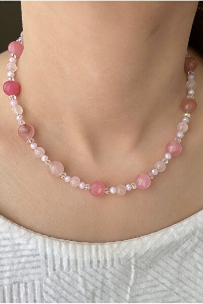 Esmia Jewelry Gül Kuvars Pembe Kuvars Doğal Taş Kolye Pembe Boncuk Kolye El Y...